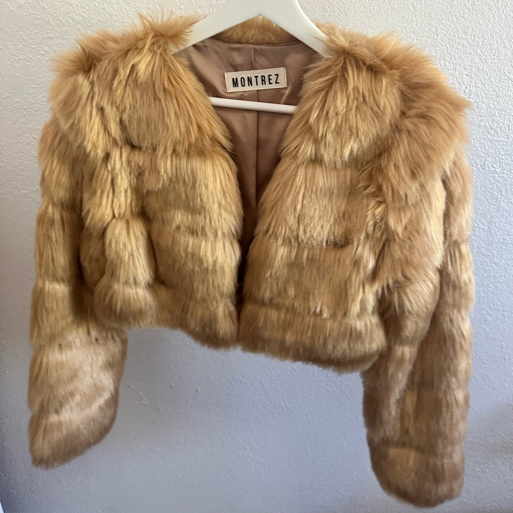 Tan cropped Faux Fur Jacket